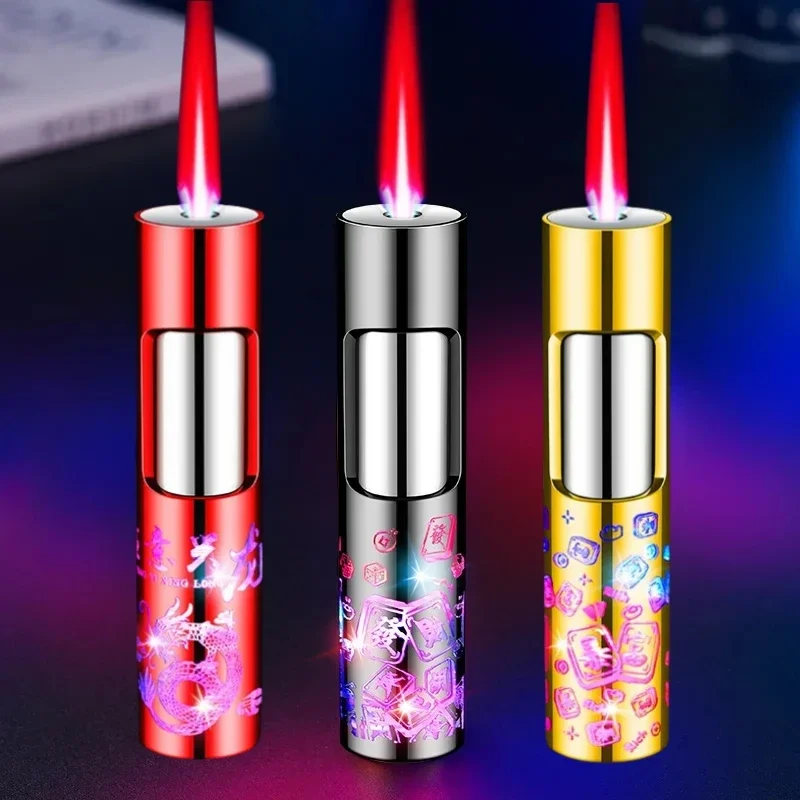 New Mini Windproof Colorful Flash Inflatable Lighter Metal Jet Red Flame Cylindrical Personalized Pattern Lighter Smoking Gift