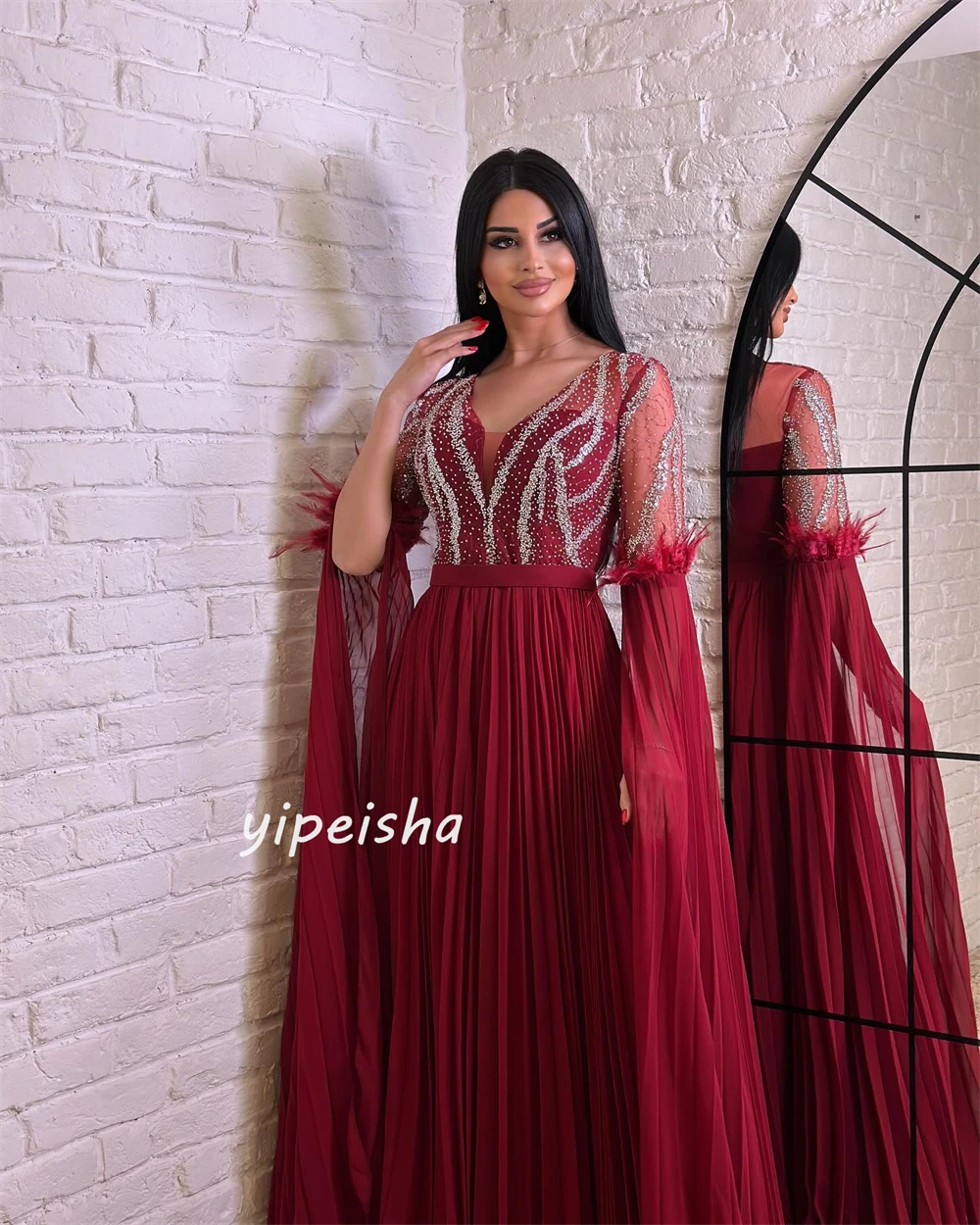 Chiffon Sequined Beading Feather Ruched Clubbing A-line V-neck Bespoke Occasion Gown Long Dresses