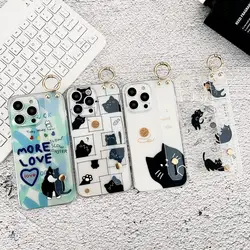 For iPhone 15 14 13 12 11 Pro Xs Max Xs XR 7 8 6 Plus SE 2020 Cat Case Wrist Strap Holder