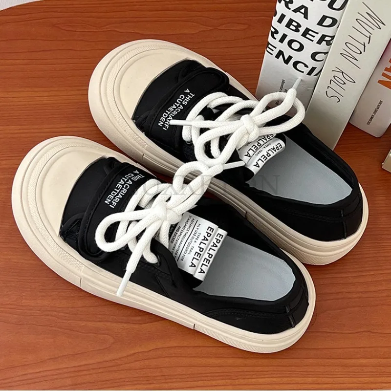 Low Cut Thick Soled Round Toe Canvas Shoes Cute Breathable and Comfortable with Mesh Casual Non Slip Sports Board Shoes