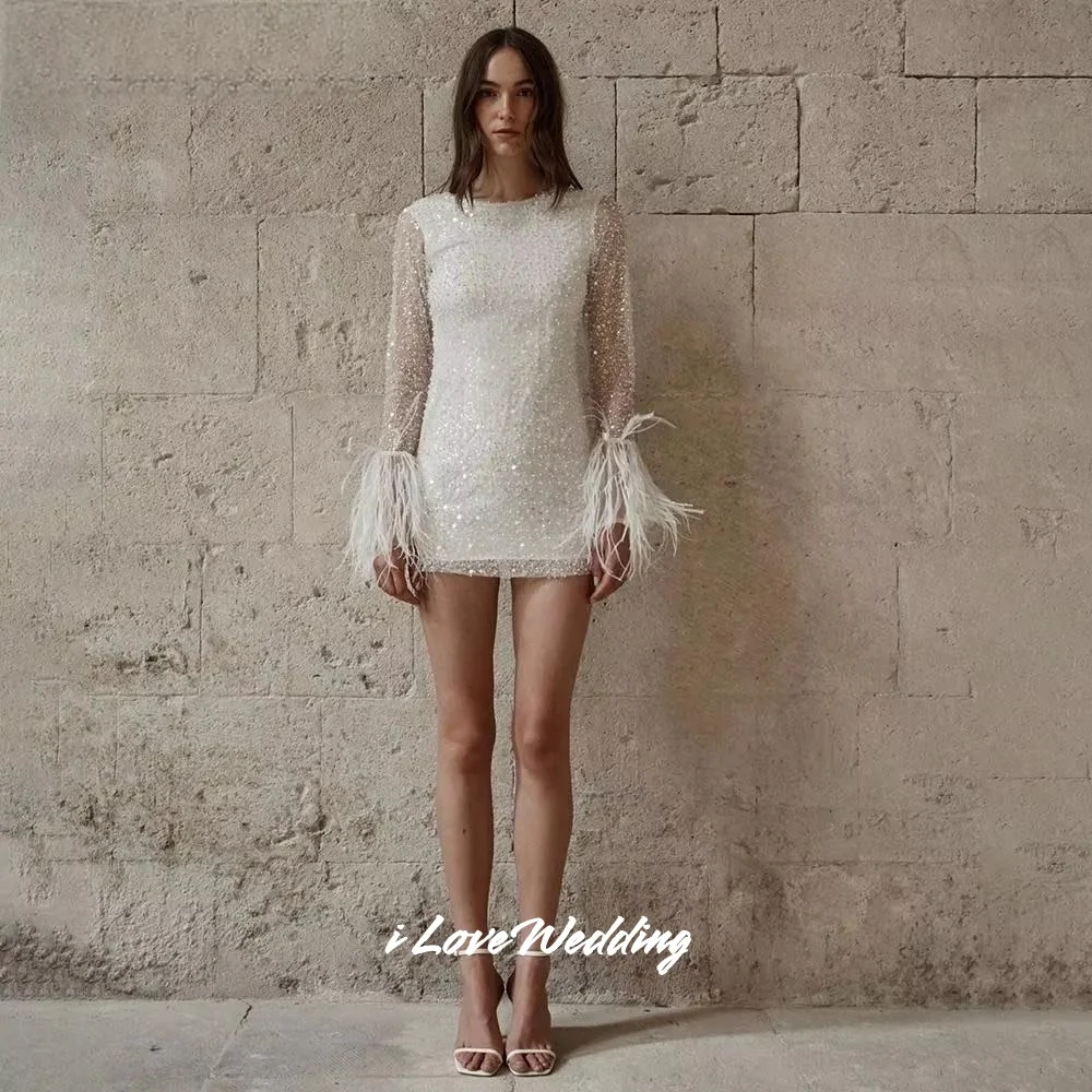 

White Sequin Beaded Feather Cocktail Dress Glitter Elegant Long Sleeve Pleated Mini Skirt Dresses for Birthday Luxury Customized