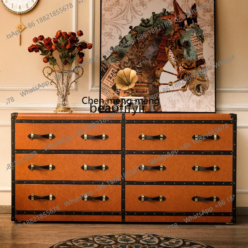 French antique chest, retro luggage, leather five-draw American country storage high cabinet