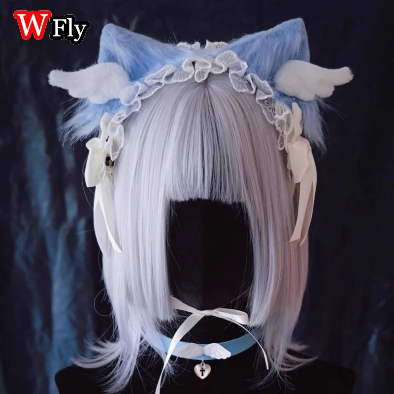 Women's Harajuku Steampunk Y2K Lolita Jewelry Wings Cat Ears Hair Strap Lace Subcultural Blue White ribbon bow