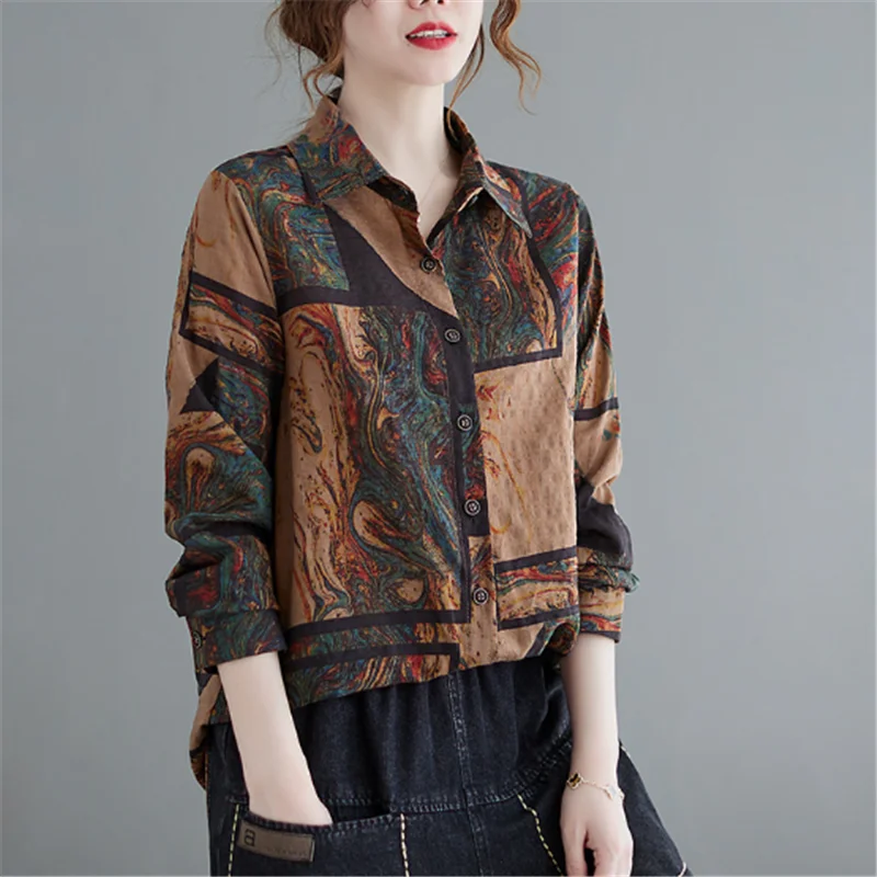 Blusa femenina holgada de manga larga para otoño y primavera, camisa holgada con estampado Vintage, talla grande, 2023