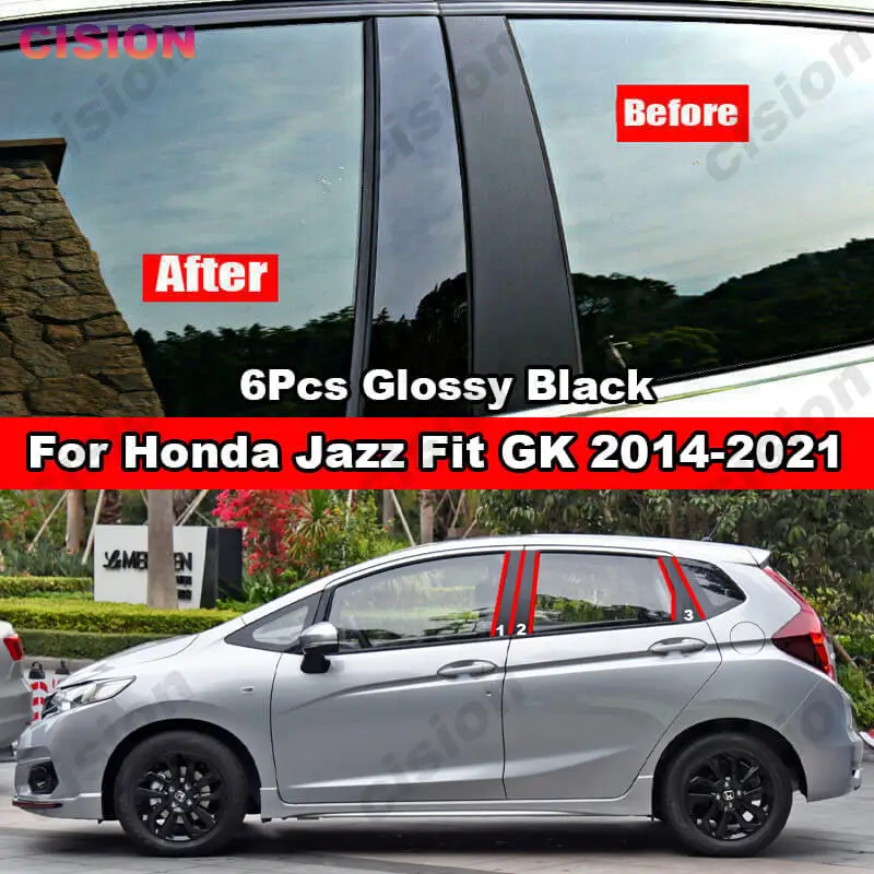 Dla Honda Jazz Fit GK 2014-2021 lustrzany efekt okno drzwi kolumna B C filar nakładki wykończenia z włókna węglowego czarny błyszczący naklejka na komputer