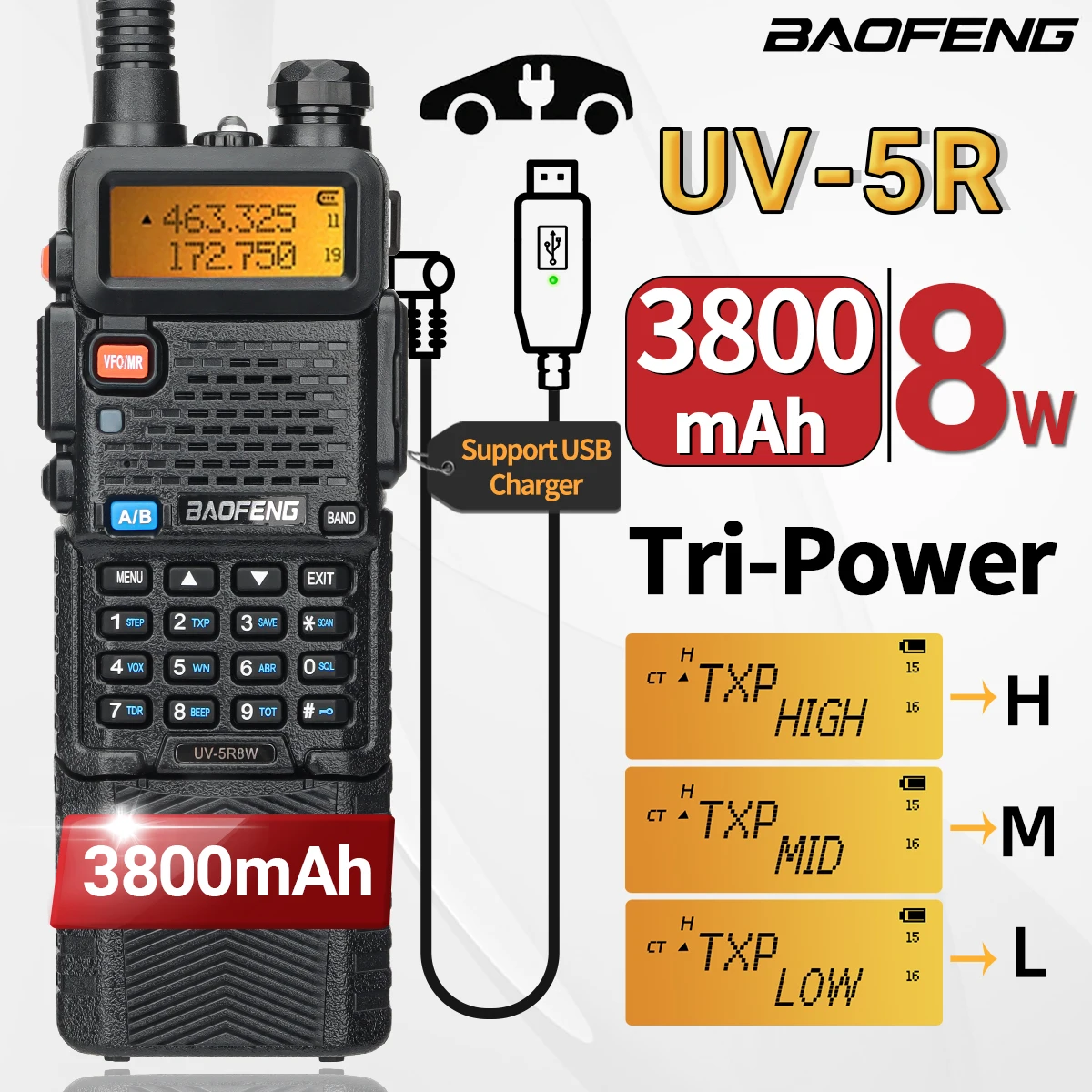 Baofeng UV 5R 8W Walkie Talkie 3800mAh Long Range USB Charger Tri Power Dual Band Transceiver Portable Ham Radio For UV K5