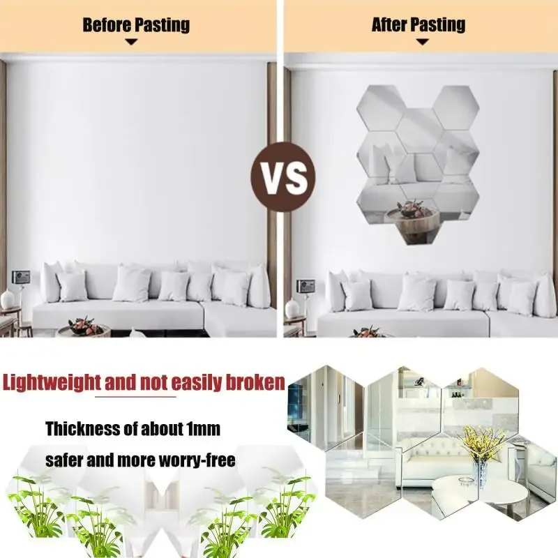 5-20Pcs Silver Hexagon Art Mirror Acrylic Wall Stickers with for DIY Home Art Bedroom Living Room Wall Decoration Diameter 4.6cm
