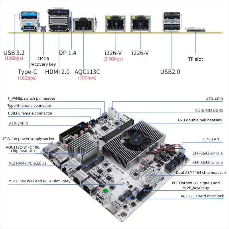 Материнская плата CWWK Intel N150 N100 i3-N305 с 8 отсеками 10G NAS 1*10G 2*2.5G 2*NVMe 2*SFF-8643 до 8*SATA PCIex1 Type-C