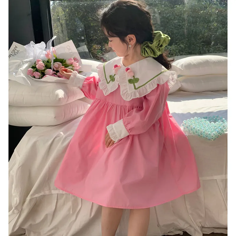 Teenage Girls Dress 2024 Spring New Children\'s Ruffle Doll Neck Princess Dress Girls\' Baby Korean Cotton Long Sleeve Dress