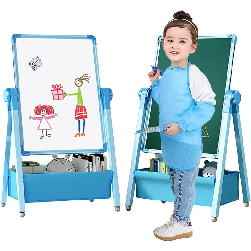 Double Sided Kids Easel Drawing Board, Whiteboard & Chalkboard for Kids, 360°Rotating Adjustable Kids Easel Art Set