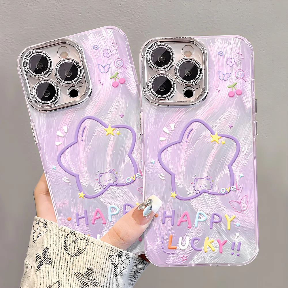 Suitable for iPhone 7-17/Plus/Pro/ProMax series, phone case with purple stars, little cat bracelet, really cute Korean style