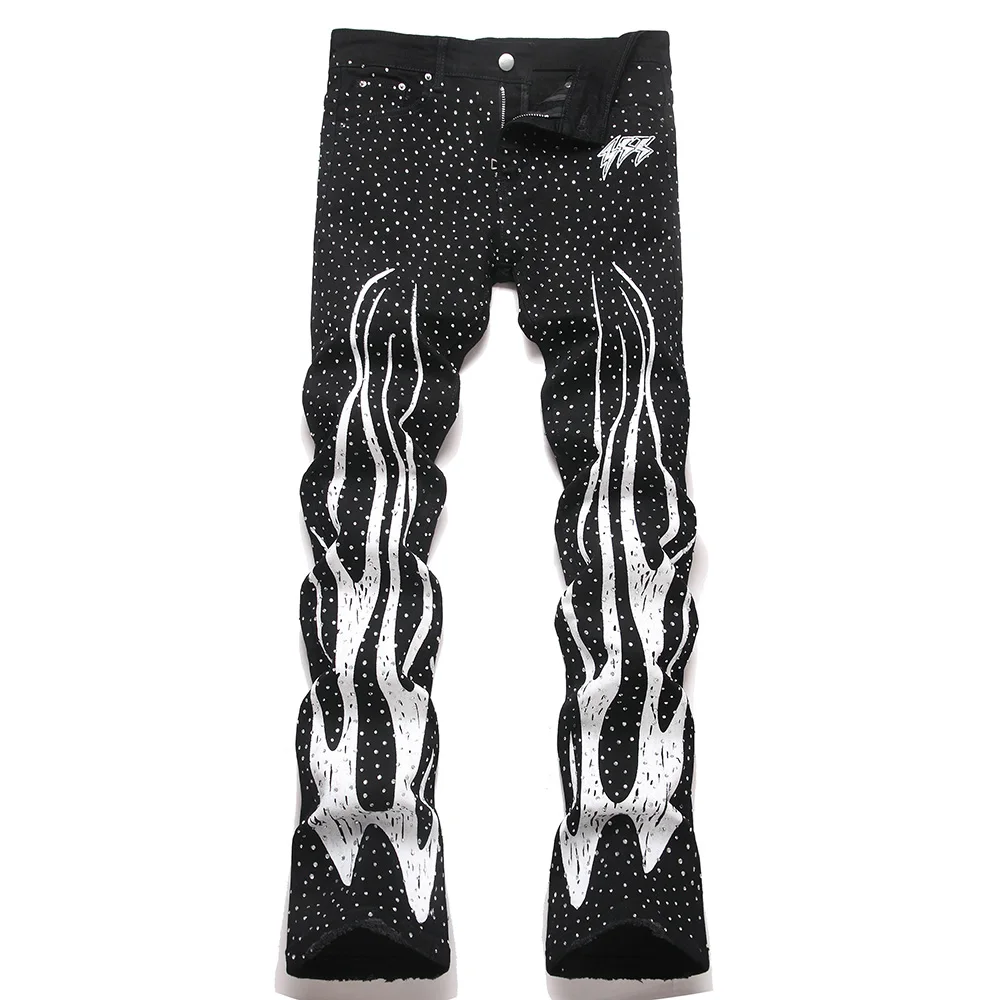 

Men's Streetwear Flared Jeans Punk Crystal Rhinestone Flame Painted Pants Black Stretch Denim Slim Boot Cut Trousers