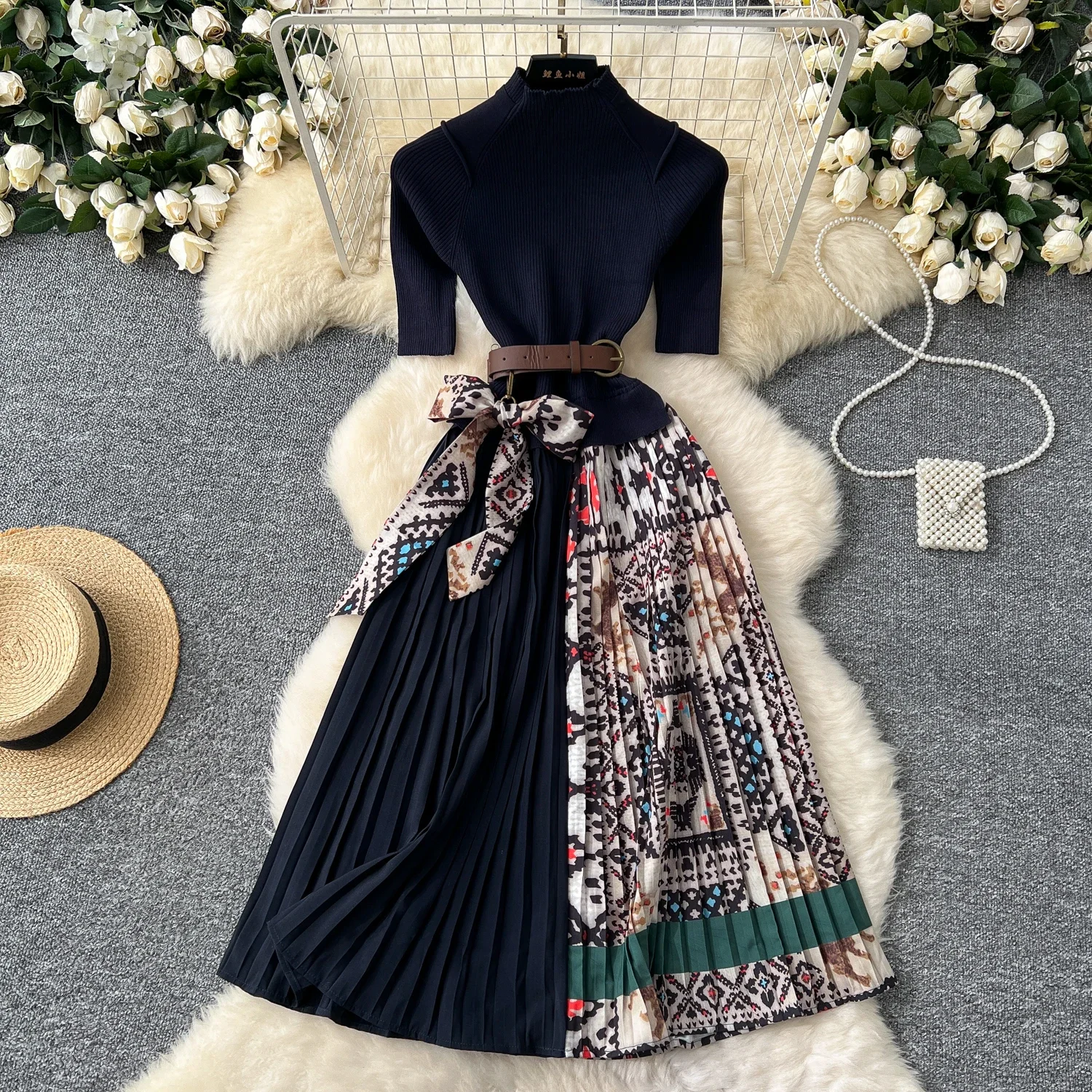 Elegant Half High Collar Vintage Half Sleeves Chic Knit Sashes Print Slim Pleated Dress French Women High Street Winter Clothing