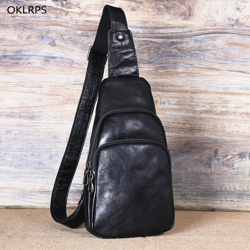 New Men\'s Chest Bag Leather Crossbody Bag Head Layer Cowhide Shoulder Bag Male Backpack Student Mobile Phone Bag