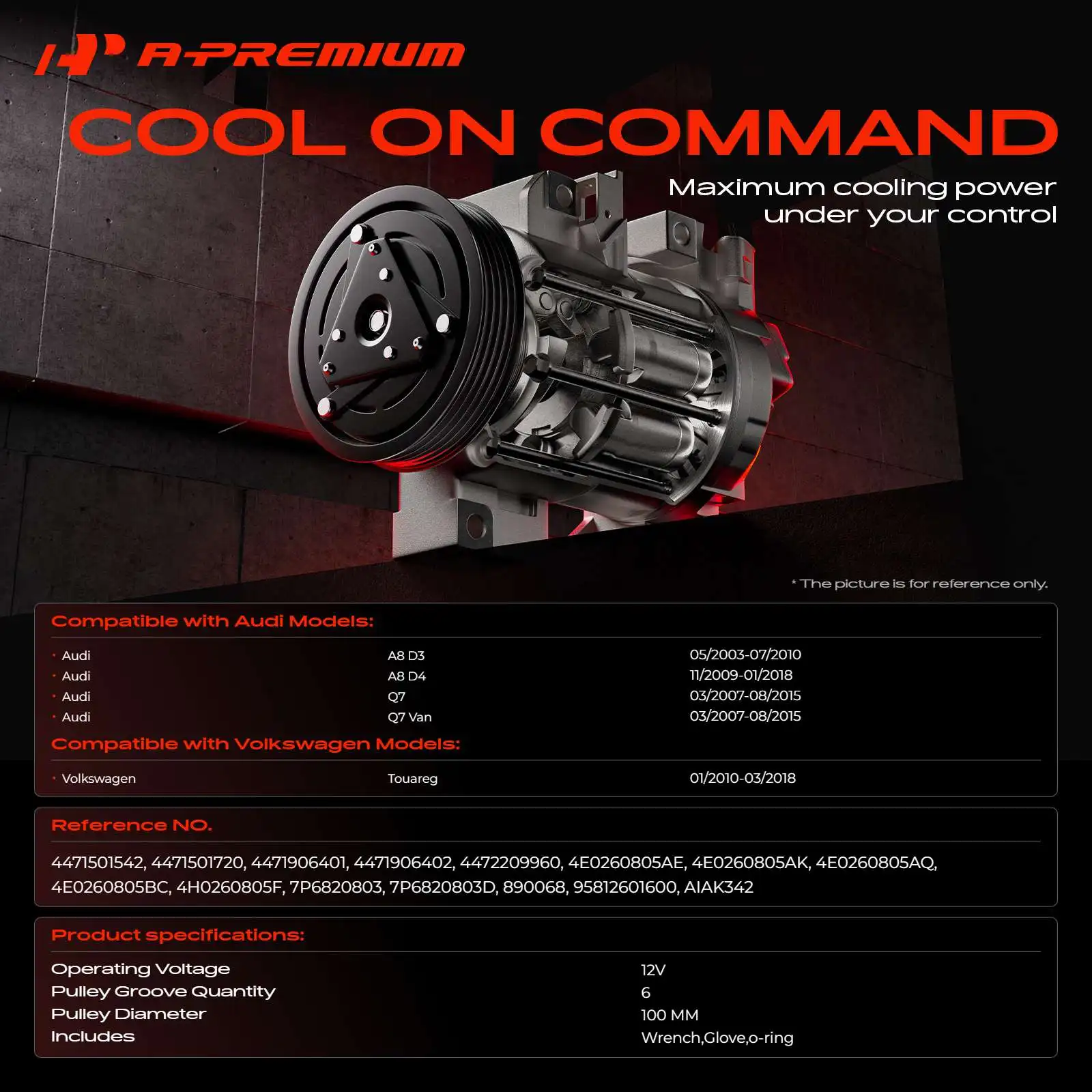 A-Premium AC Compressor with Clutch for Volkswagen Touareg 2010-2018 Audi A8 2003-2018 Q7