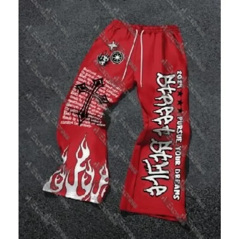 2025 الصيف شارع العليا موضة سراويل تقليدية فضفاضة الرجال Y2k أنيمي رسالة مطبوعة عالية الخصر المتضخم بنطال ذو قصة أرجل واسعة النساء #3