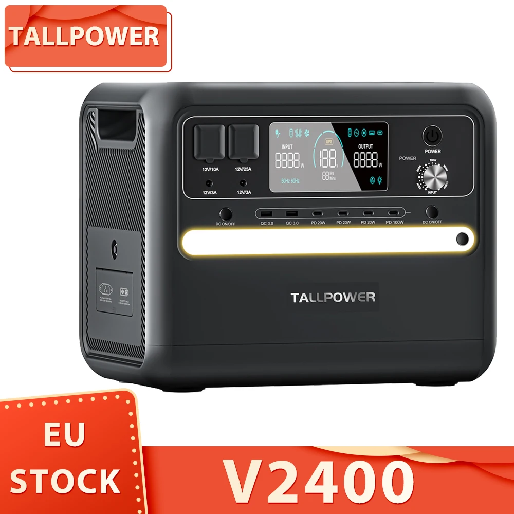 TALLPOWER V2400 Portable Power Station 2160Wh LiFePo4 Solar Generator 2400W AC Output Adjustable Input Power UPS Function