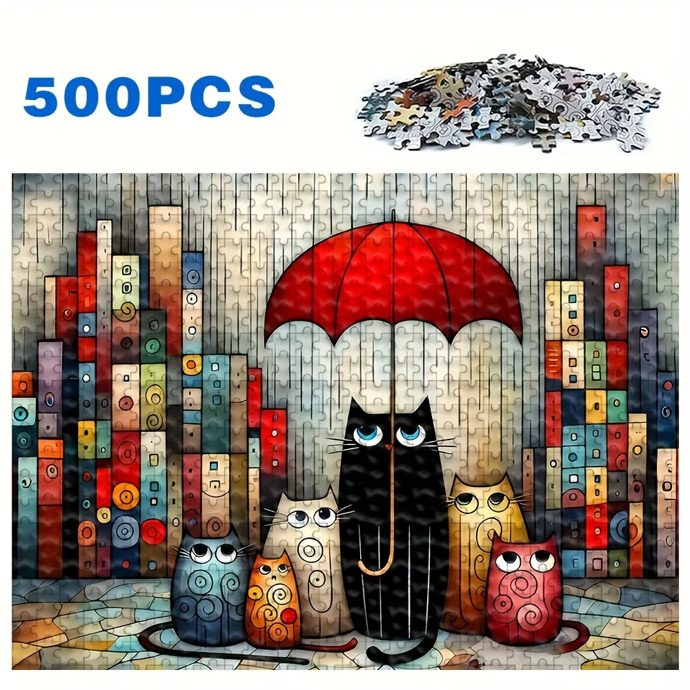 Puzzle dla dorosłych z motywem kotów pod czerwonym parasolem w deszczu w mieście, fantazyjna gra intelektualna, dekoracyjna zabawka do domu.