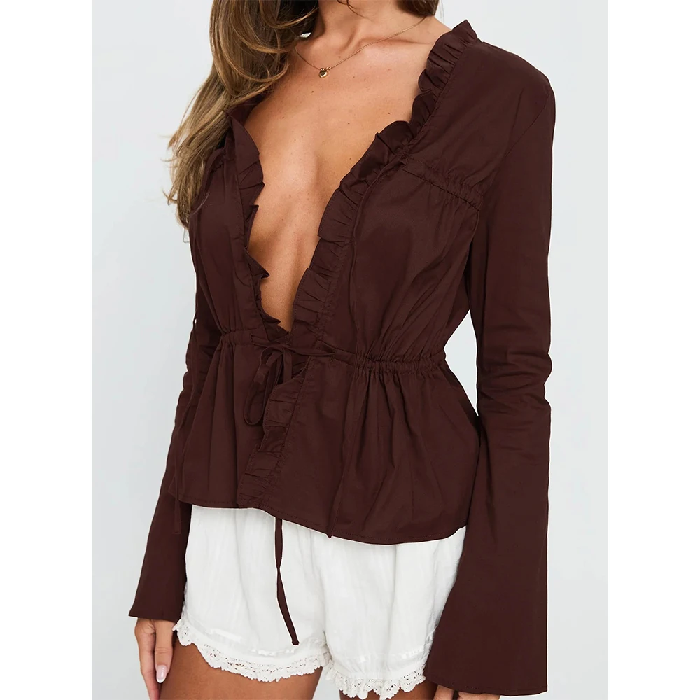 Blusa con volantes estéticos Vintage para primavera y otoño para mujer, camisas elegantes de manga larga con cuello en V, blusas frontales con lazo, Tops elegantes para mujer