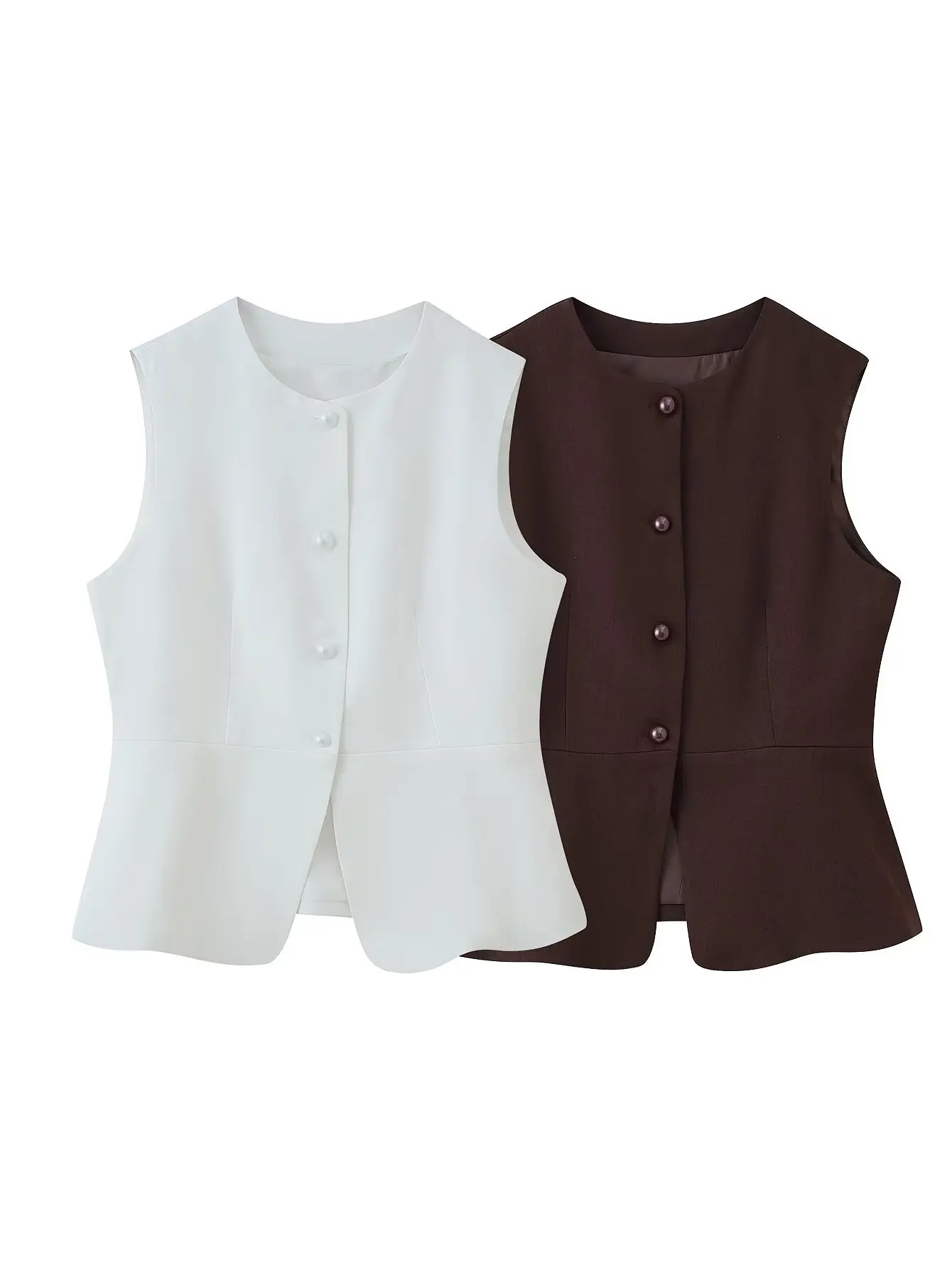 

Women Crew Neck Sleeveless Single-Breasted Vest White & Coffee Color Top