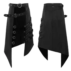 Cosplay Punk Pleated Skirt Men's Gothic Leather Belt Medieval Roman Warrior Kilt Metal Chian Asymmetry Black Halloween Costume