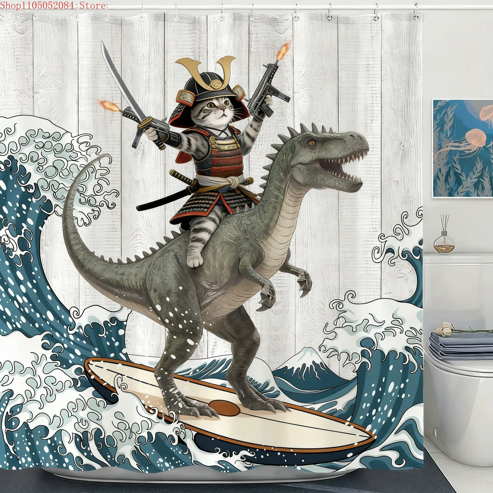 Wizard Cat Riding Dragon with Gun Great Wave off Kanagawa Waterproof Shower Curtain for Bathroom Decor