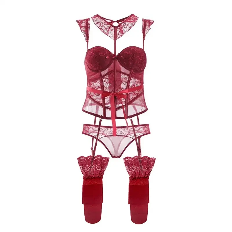 Sexy 4PCS Shapewear Tight Slim Waist Bra Thong Set One-piece Suspender Suit Garters Lace Stockings