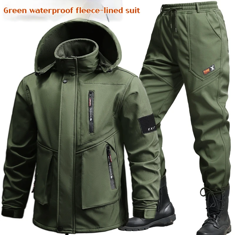 Men's Work Suit Winter Thickened Waterproof Jacket Pants Set Windproof Outdoor Workwear Winter Two Piece Set Jogging Suits Men