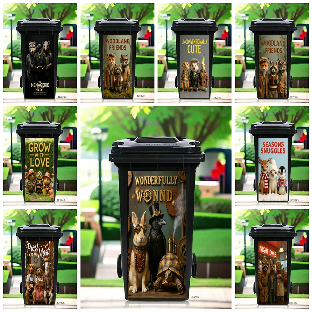 

Steampunk Wonderland Rabbit Crow Turtle Trash Can Sticker, Waterproof Removable Outdoor Wheeled Garbage Bin Mural Decor