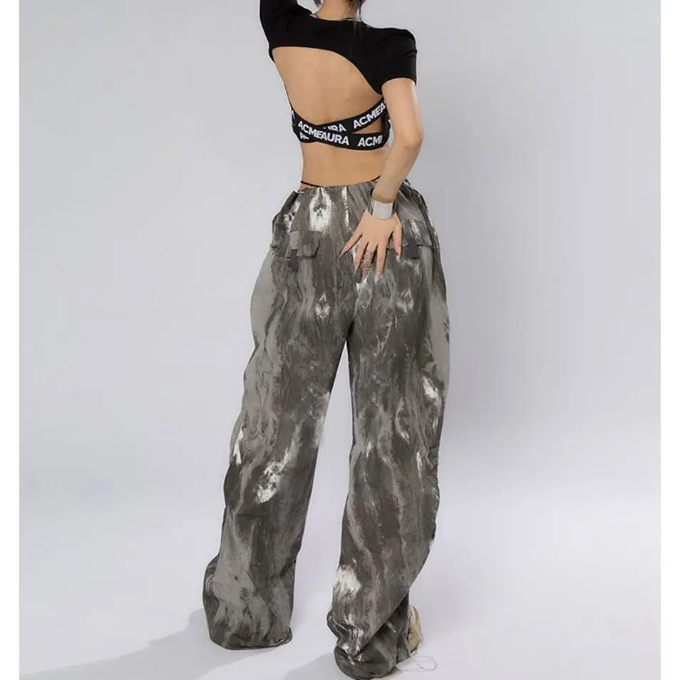 Women's Tie Dye Wide Leg Pants High Waist Baggy Cargo Trousers Drawstring Streetwear Y2K Aesthetic Casual Pants for SpringSummer