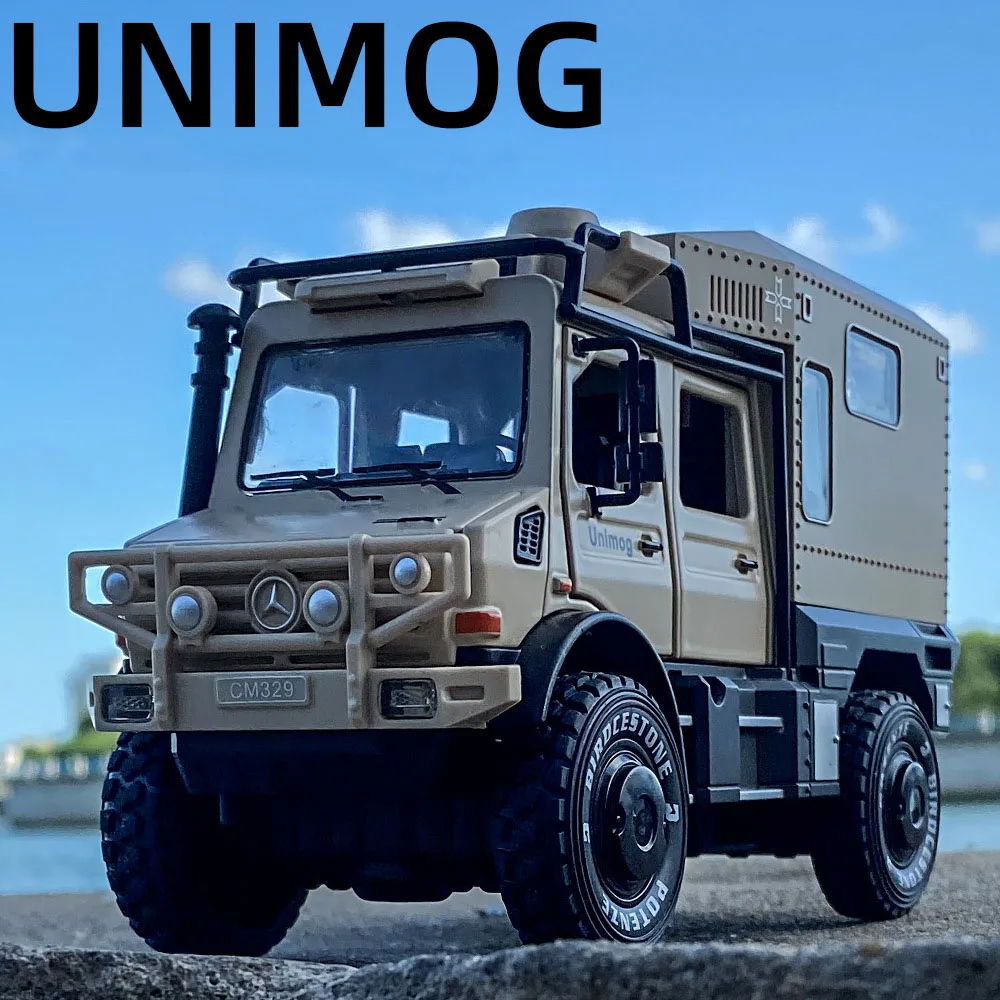 

1:28 Benz Unimog автодом, модель игрушечного автомобиля, литой под давлением сплав, звуковой свет, откатные двери, открытые игрушки, транспортные средства, подарки на день рождения для детей