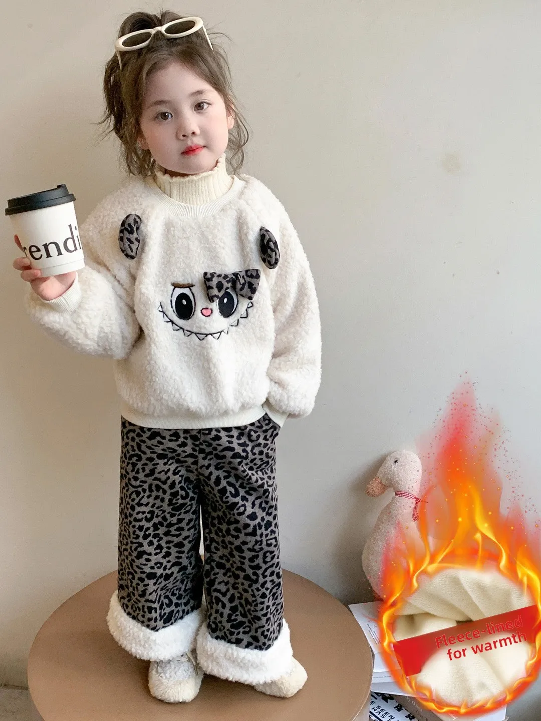 

Зимний костюм из двух предметов Thiened Fce с леопардовым принтом для девочек, длинные брюки с высокой талией, теплый модный детский ансамбль