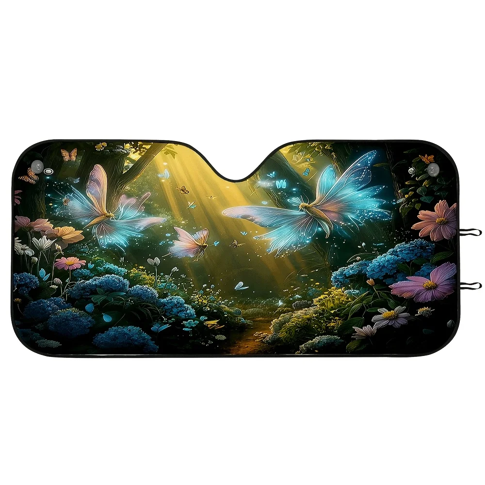 1pc Elf Forest Butterfly Dance Among Flowers Themed Printed Pattern Car Front Windshield Sunshade, Foldable Sunshade Mat, Summer