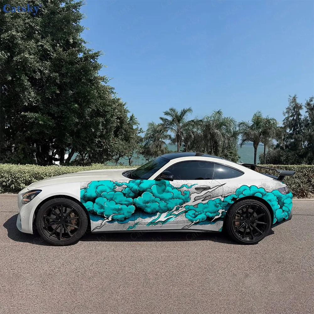 

2pcs Ink Blue Thunder Cloud Trendy Car Side Wraps, Self-Adhesive PVC Waterproof & Scratch-Resistant Stickers, Car Accessory Gift