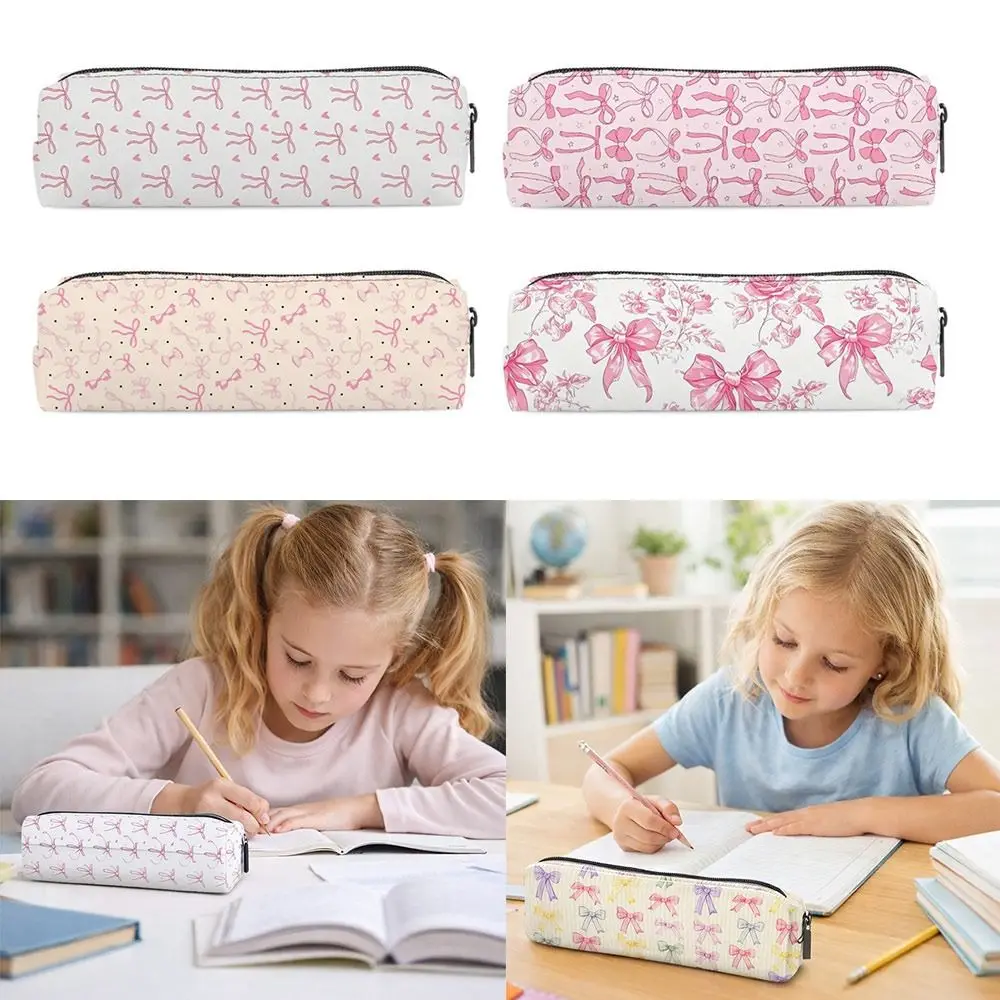 New Single-Layer Bowknot Pen Bag Zipper Closure Portable Pencil Case Stationery Storage Bag School Office