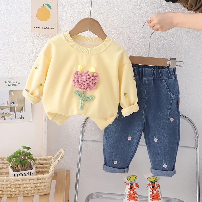 Completo di abbigliamento primavera e autunno 0-5 anni ragazze coreane fiori dolci e adorabili cappotto sportivo di moda + pantaloni in denim