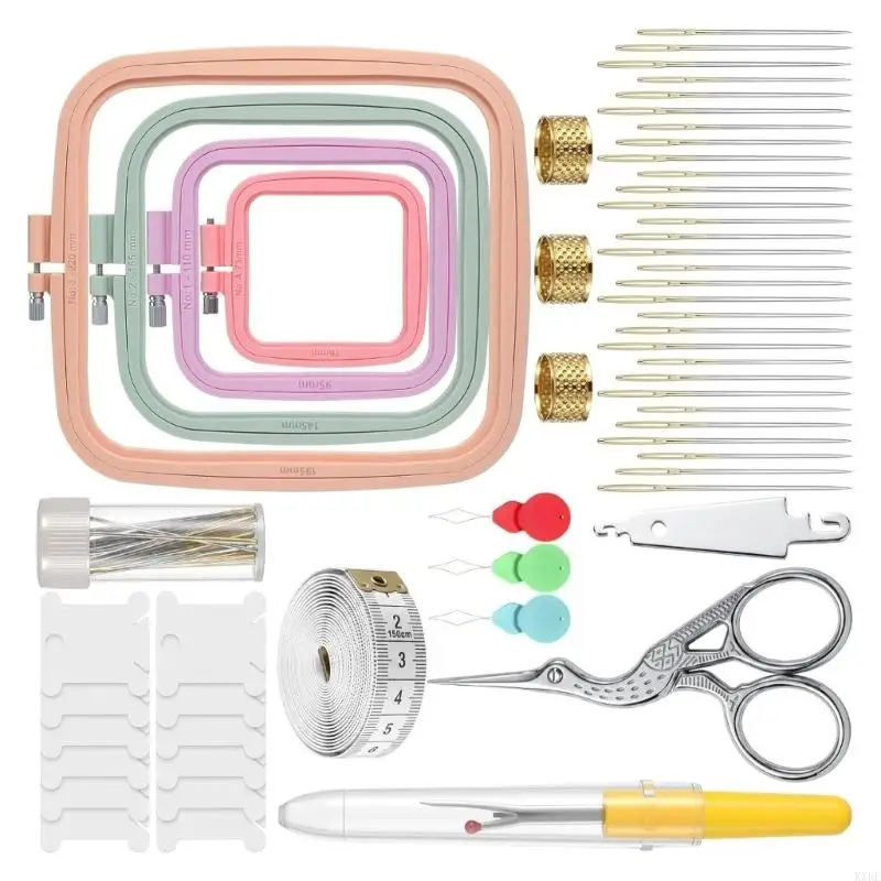 Square Holder Embroidery Set with Screw-Controlled Tension, Colored Thread, Sewing Accessories, Scissors, Bobbins, and the KXRE