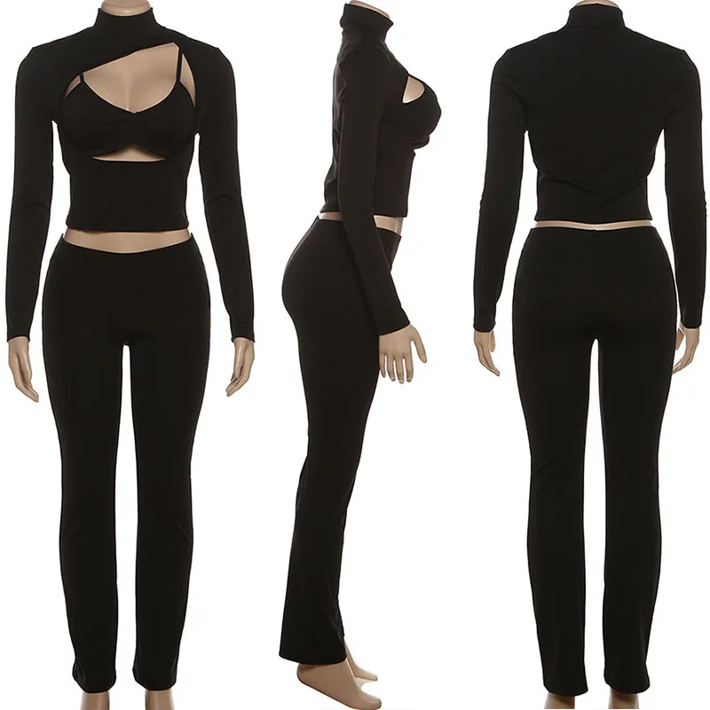 Doyerl Sexy Club Birthday Outfit Woman 3 Piece Sets Rave Party Hollow Out Long Sleeve Top and Vest and Pencil Pants Matching Set