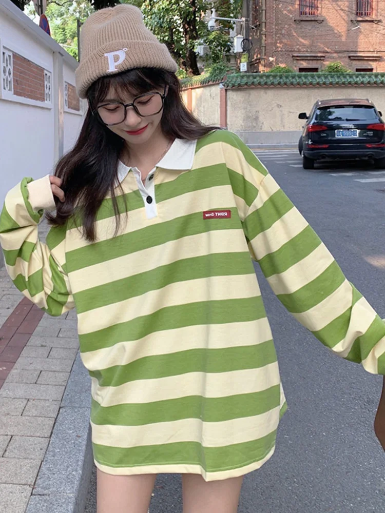 Harajuku Striped Polo Shirt Women Spring Autumn Korean Fashion Preppy Style Long Sleeve Casual Tops Oversized Loose Sweatshirts