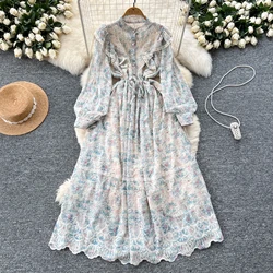 Elegant Long Sleeves Vintage O-neck Hollow Out Embroidered Slim Long Dresses French Evening High Street Autumn Winter Clothing