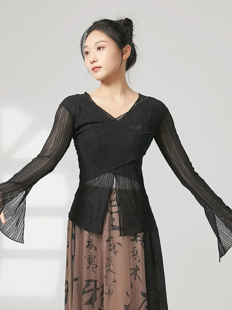 Mulheres dança clássica topo cor sólida malha sino manga longa divisão camisa para desempenho de palco treinamento ensaio traje elegante