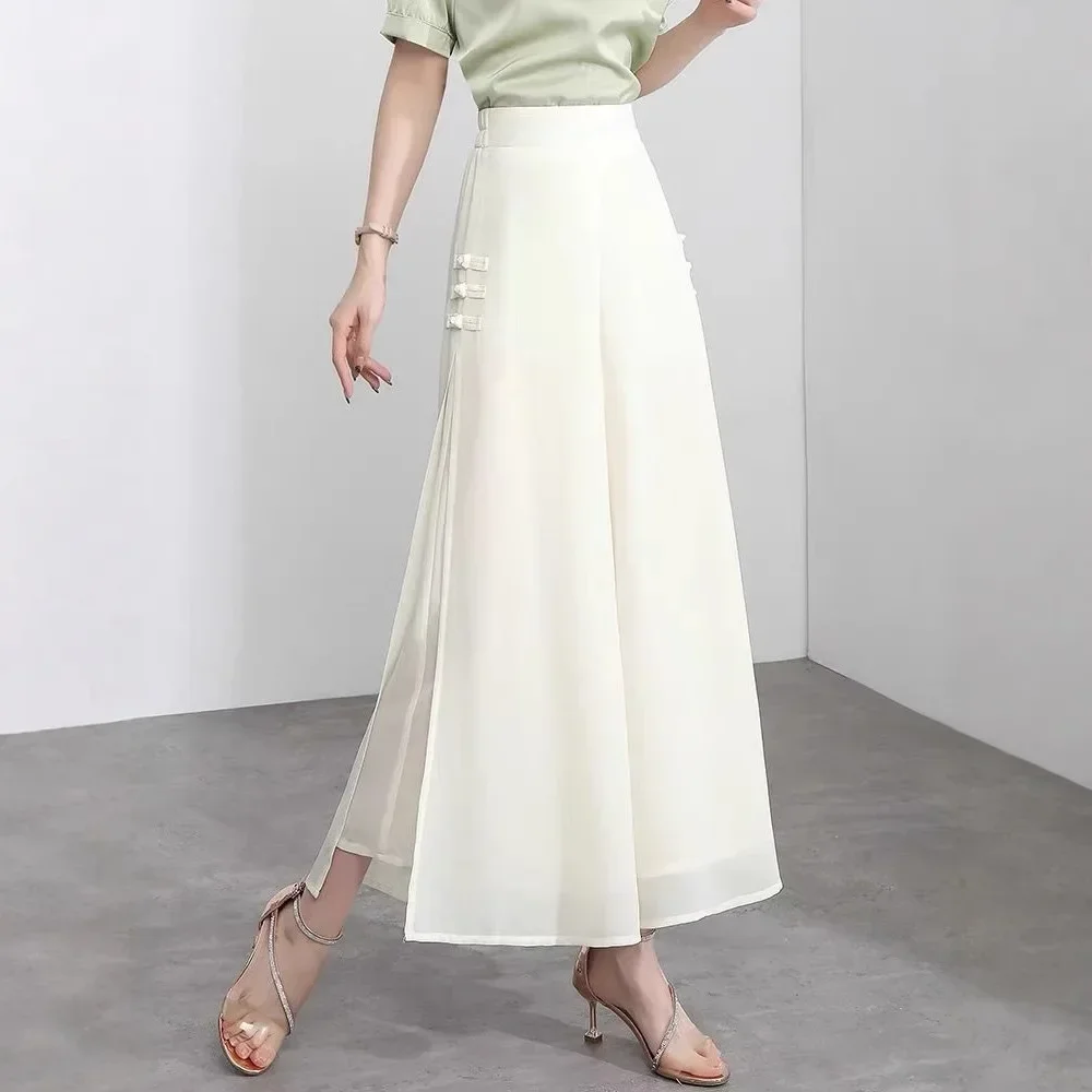 

Pop High Waist Wide Leg Pants For Women With Slits Summer New Loose Slimming Drapey Hip Covering Versatile Buttoned Chiffon Tr