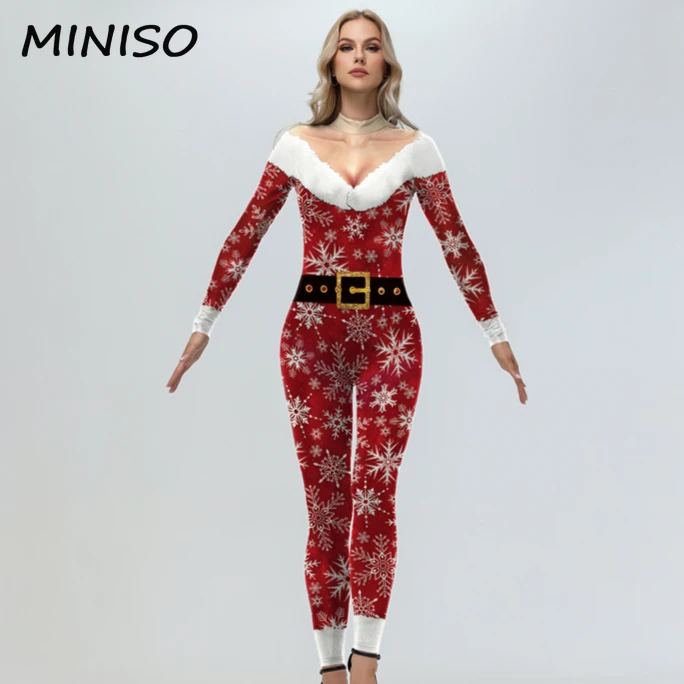 MINISO-Cosplay de Natal de Papai Noel para Mulheres, Impresso 3D, Cinto, Catsuit, Macacões, Roupas Femininas Sexy, Festa Festival, Vestir