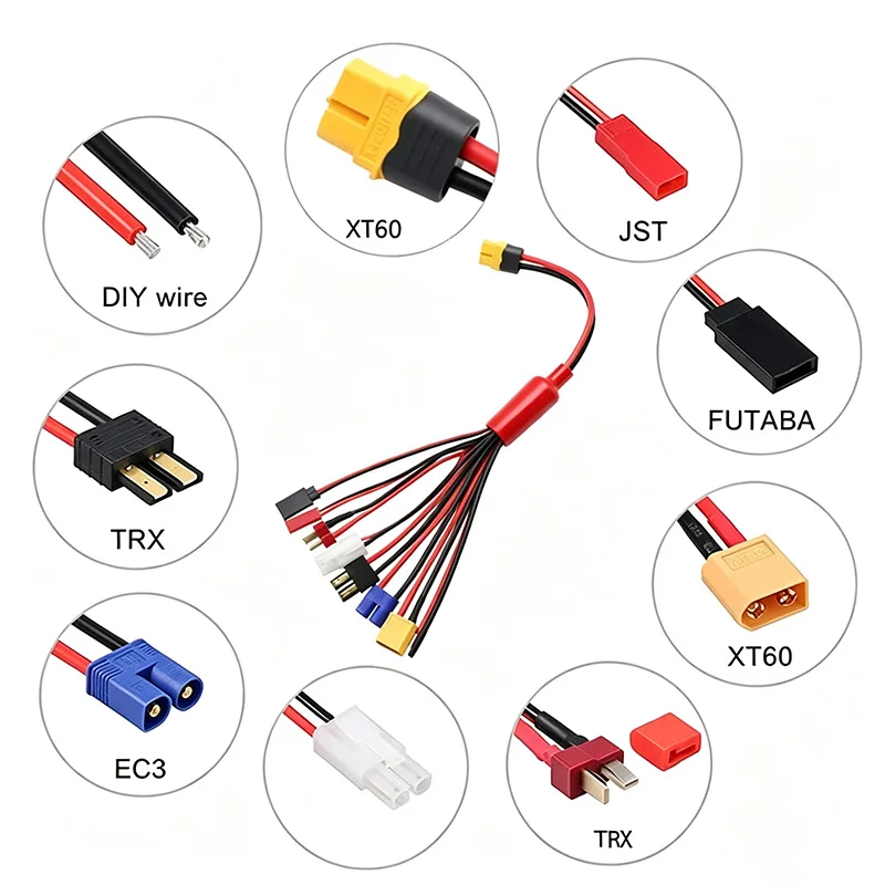 8-in-1 XT60 Multi-functional Charging Cable 14AWG EC3/T-Plug/4.0MM Banana Head Soft Silicone Wire Lithium Battery Charging Cable