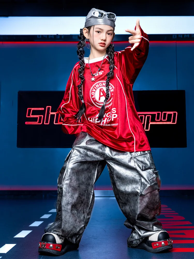 الفتيات ملابس رقص الجاز الفتيان الهيب هوب زي كبير الحجم السراويل الفضفاضة الحمراء الفضة في سن المراهقة شارع الرقص أداء المرحلة ارتداء 4652 #6