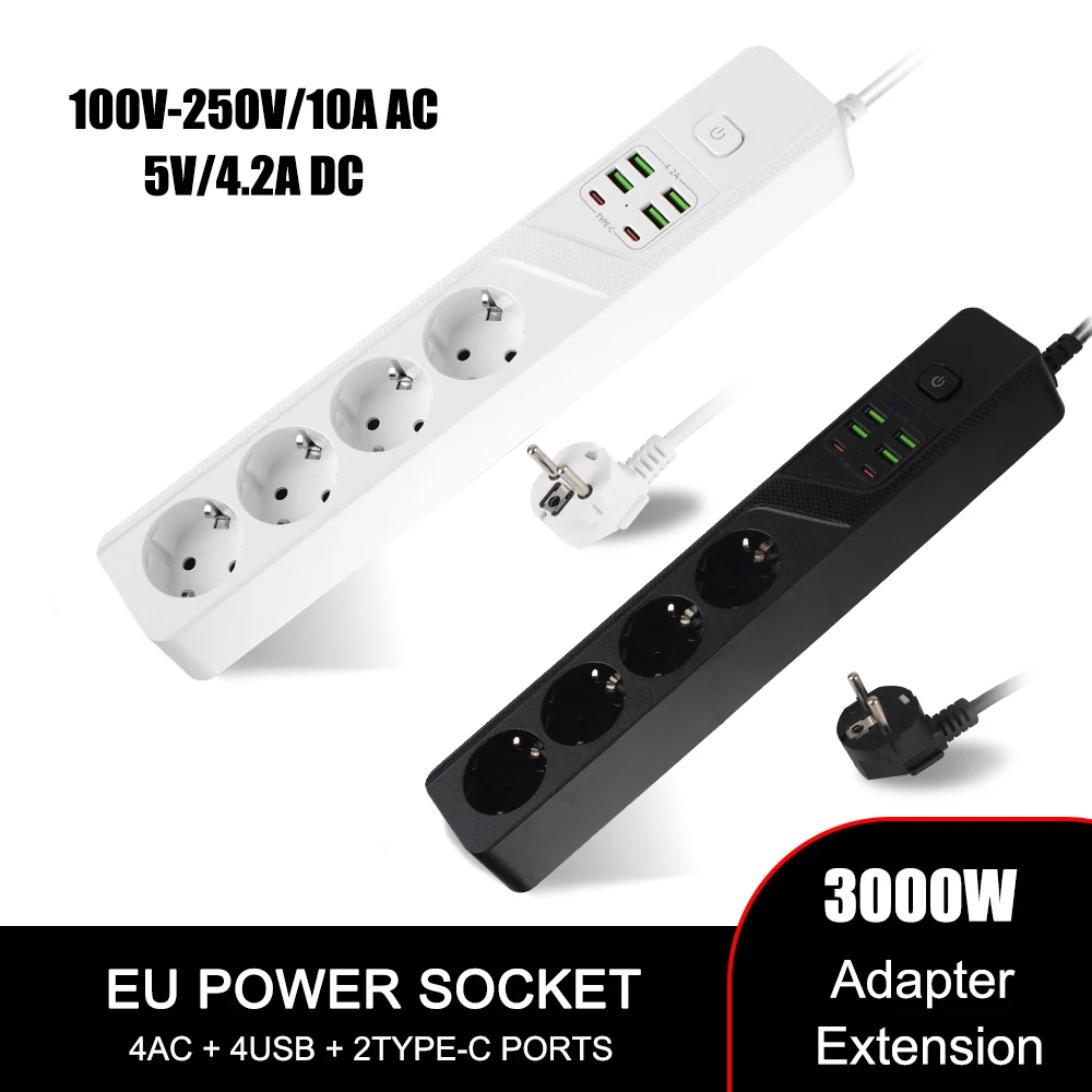 

EU Plug Office Socket Expansion Board 5V/4.2A USB Type-C Charger Adapter 4 Ports AC Outlet Power Socket 100V-250V 10A 3000W