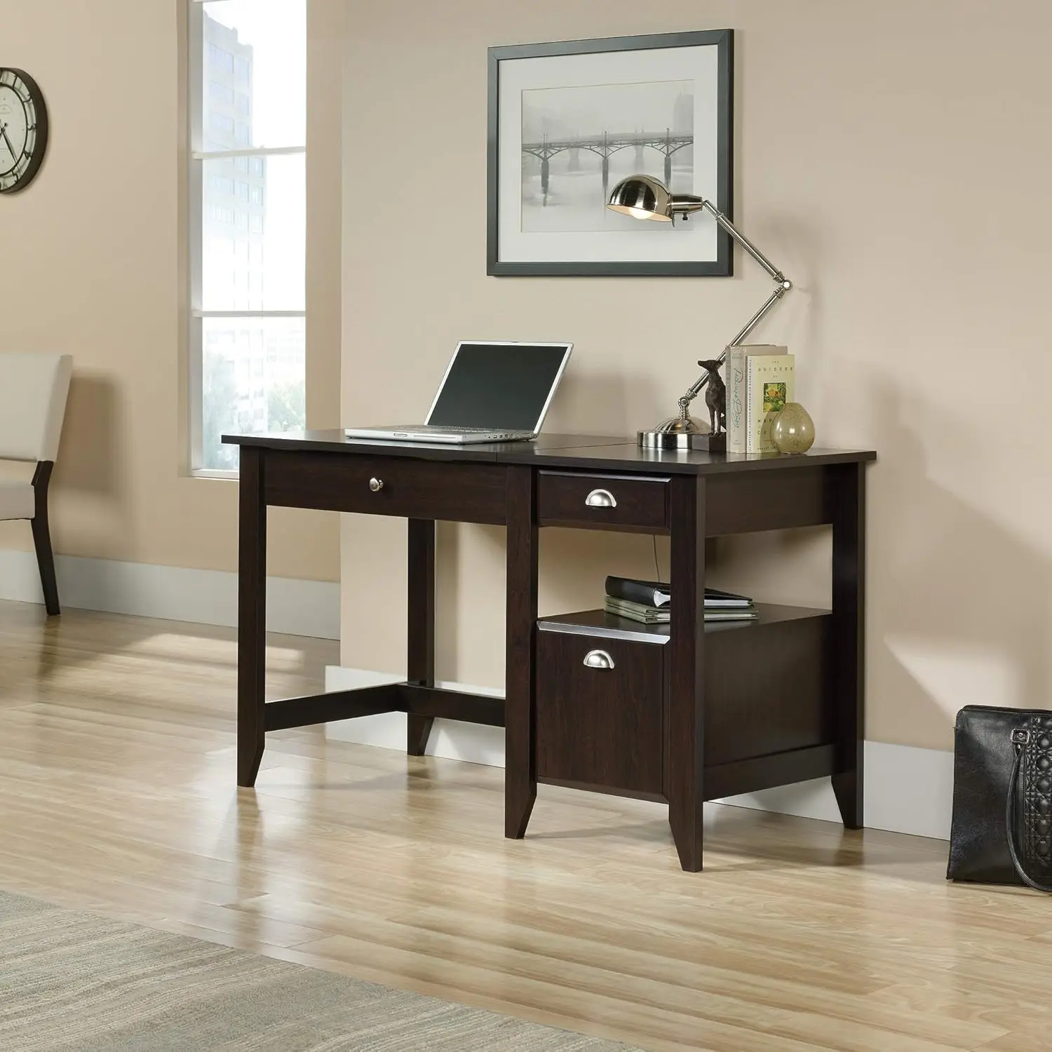 Shoal Creek Lift Top Desk, Jamocha Wood finish Two drawers; lower drawer with full extension slides holds letter-size hanging