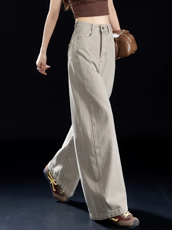 High Waist Wide Leg Straight Cut Jeans Women's Autumn New Style Loose Fit Slim Version Tea Milk Color Zipper Design Casual Pants