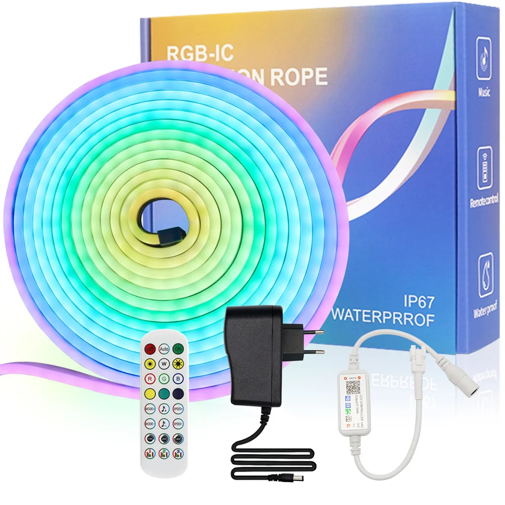 1set 3/5/10m 24V RGBIC Neon Light LED Smart Neon Rope Light Outdoor Waterproof Remote & App Control Music Sync Multicolor Room