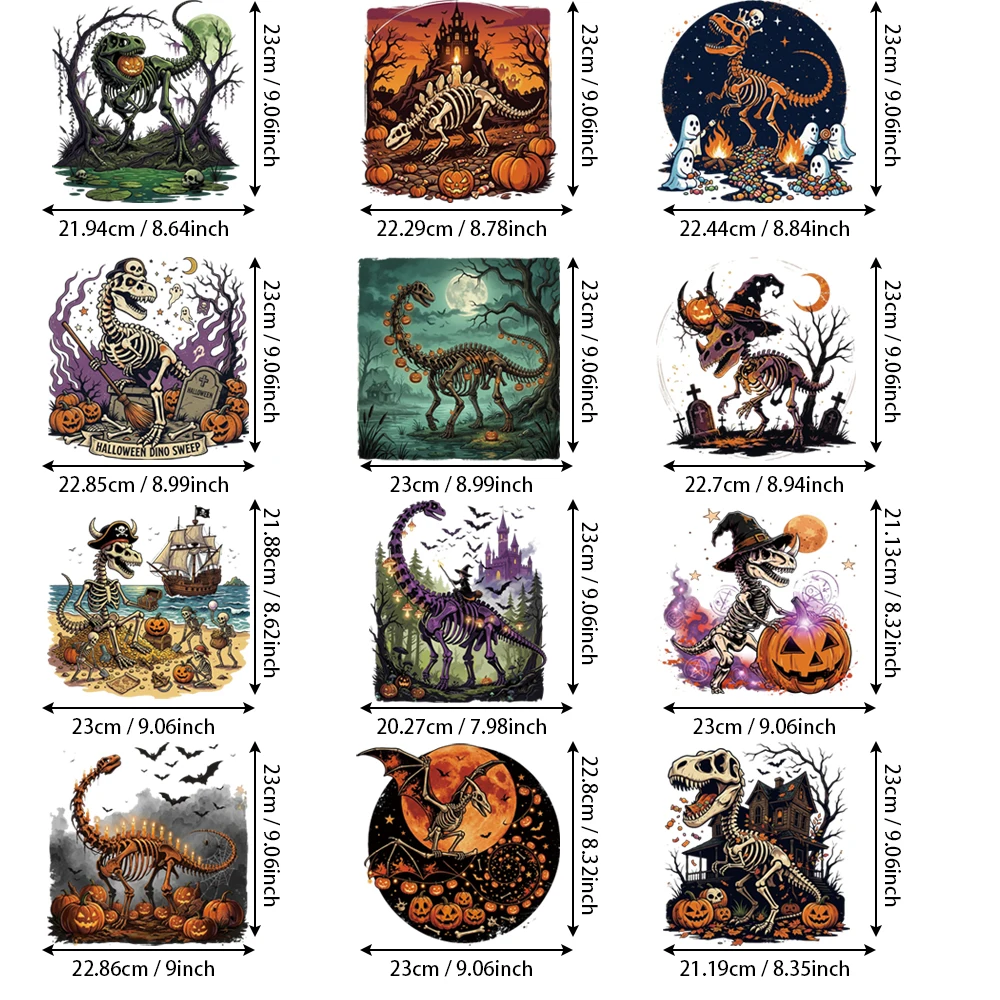 12Pcs Round Pumpkin Pterosaur Heat Transfer Stickers, Washable Bright Pattern, for Gaming Chair & School Bag